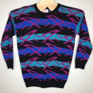 Vtg Bel Ami Multi Color Geometric Long Sleeve Crew Neck Grandpa Sweater 80s